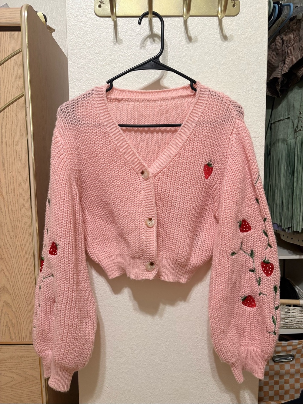 Pink Strawberry Embroidered V-Neck Cardigan Sweater